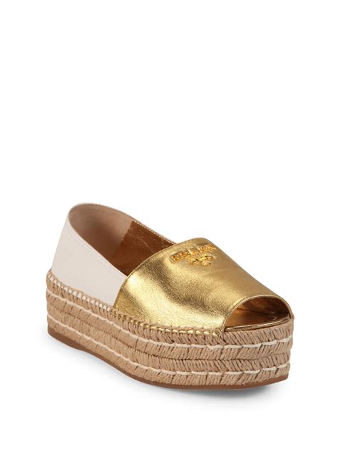 prada luxury gold leather espadrilles sandals platform|Prada platform sandals.